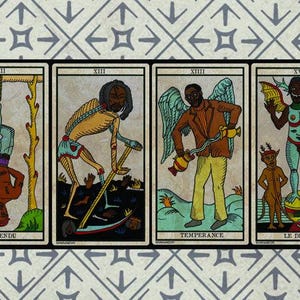 May include: Four tarot cards with illustrations and French titles. The cards depict figures in various poses, including a person hanging upside down, a skeletal figure, an angel, and a devil-like character. The background has a repeating arrow pattern.