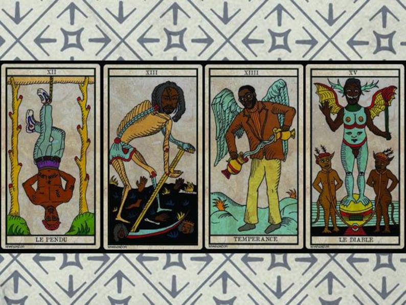 May include: Four tarot cards with illustrations and French titles. The cards depict figures in various poses, including a person hanging upside down, a skeletal figure, an angel, and a devil-like character. The background has a repeating arrow pattern.