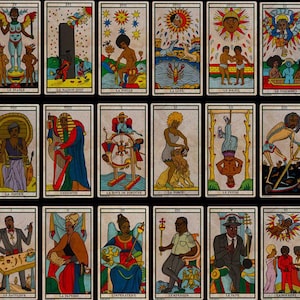 May include: A deck of tarot cards with vibrant illustrations of figures and symbols. Each card displays a unique design, with text at the base. The cards have a vintage style, with a cream background and black borders.