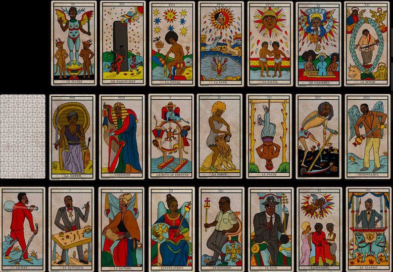 May include: A deck of tarot cards with vibrant illustrations of figures and symbols. Each card displays a unique design, with text at the base. The cards have a vintage style, with a cream background and black borders.