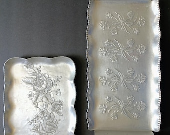 Boho French Country Kitchen VTG Trays Embossed Rose Floral Scalloped Hammered