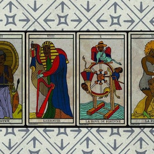May include: A set of four tarot cards with French titles. The illustrations depict various figures and symbols, including a woman with scales, a robed figure with a harp, a wheel with figures, and a woman with a lion.