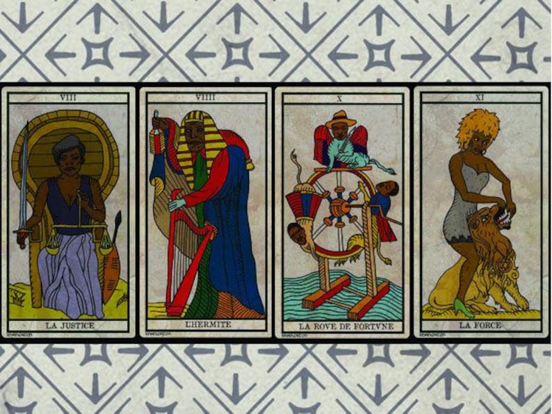 May include: A set of four tarot cards with French titles. The illustrations depict various figures and symbols, including a woman with scales, a robed figure with a harp, a wheel with figures, and a woman with a lion.