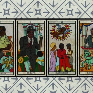 May include: Four tarot cards featuring illustrations of Black figures. The cards are labelled "L'EMPERER", "LE PAPE", "LAMOVREVX", and "LE CHARIOT". Each card has a unique design with vibrant colours and detailed imagery, set against a patterned background.