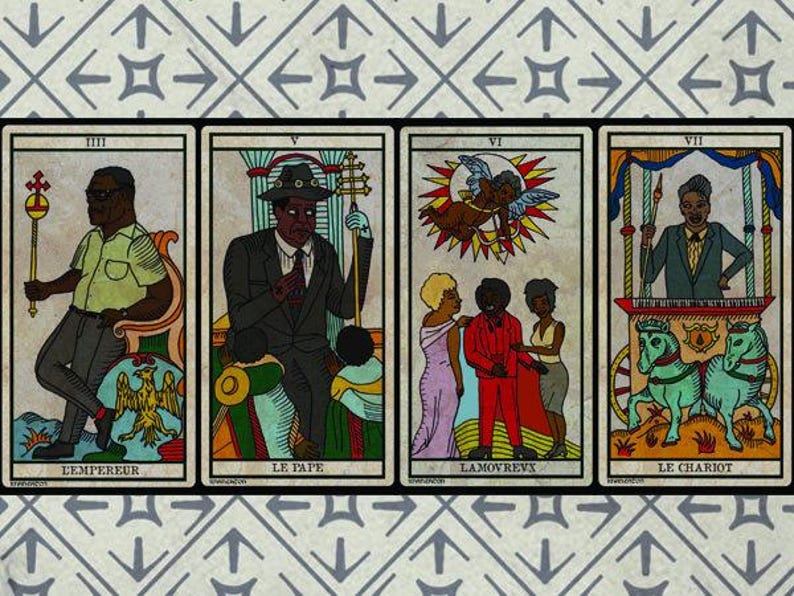 May include: Four tarot cards featuring illustrations of Black figures. The cards are labelled "L'EMPERER", "LE PAPE", "LAMOVREVX", and "LE CHARIOT". Each card has a unique design with vibrant colours and detailed imagery, set against a patterned background.