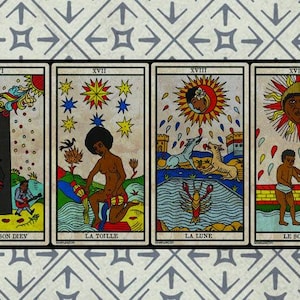 May include: Four tarot cards with illustrations and French titles. The cards feature colourful imagery of figures, celestial bodies, and symbolic elements. The background has a repeating pattern of grey arrows.