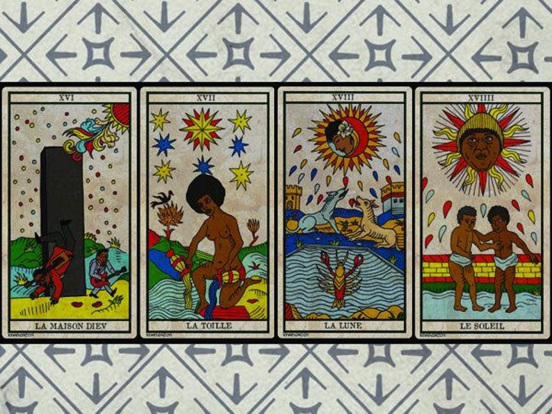May include: Four tarot cards with illustrations and French titles. The cards feature colourful imagery of figures, celestial bodies, and symbolic elements. The background has a repeating pattern of grey arrows.