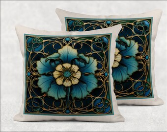 PL003 - Linen Pillow of single blue flower in the Art Nouveau Style, Floral Throw Pillow, Bedding Home Decor, - Cover only - No filling.