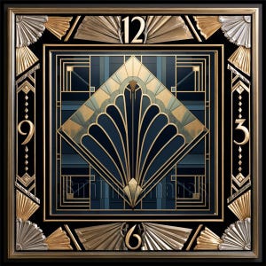Peut inclure: Une horloge murale carrée présentant un motif géométrique en éventail bleu foncé et doré. Le cadran affiche les chiffres dorés 12, 3, 6 et 9, entouré d'un cadre en métal doré et argenté avec des accents et des lignes en forme d'éventail.