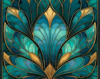 Art Deco Botanical Poster Art – Teal and Gold floral design - Modern Wall Art on Premium Matte Paper - Sizes from 10"x10" to 28"x28"