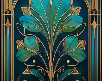 Art Nouveau Gilded Botanical Poster – Luxury Teal and Gold Wall Print on Premium Matte Paper - Sizes from 8"x12" to 24"x36"