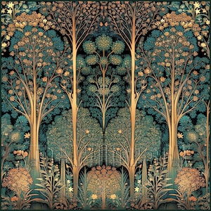May include: A square textile print featuring a symmetrical forest scene with tall, slender golden-brown tree trunks, dense teal foliage, and clusters of golden flowers against a deep black background, creating a repeating botanical pattern.
