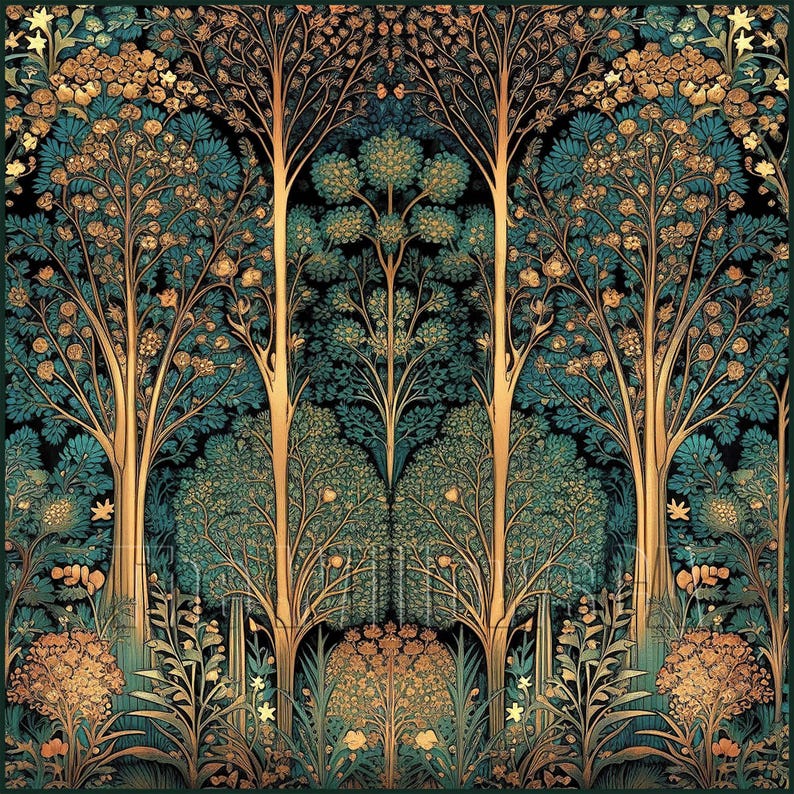 May include: A square textile print featuring a symmetrical forest scene with tall, slender golden-brown tree trunks, dense teal foliage, and clusters of golden flowers against a deep black background, creating a repeating botanical pattern.