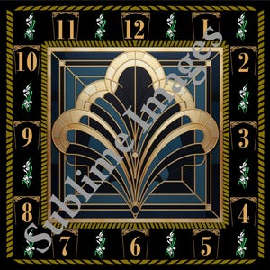 May include: Art Deco-style clock face with a black background and gold and blue geometric design. The clock face features gold numerals and a decorative border with floral accents. The clock face is square.