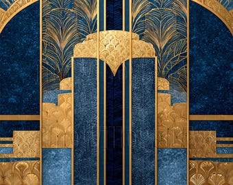 Gilded Art Deco Elegance – Luxury Blue Gold Wall Print on Premium Matte Paper - Sizes from 8"x12" to 24"x36"