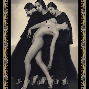 May include: Black and white photograph titled "Movement Study" featuring four figures. Three figures in dark clothing stand behind a nude figure, who is leaning backward. The image is framed with a decorative border and includes the artist's name and dates.
