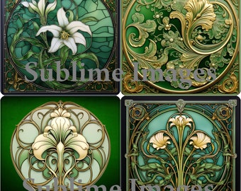 CO501 - Set of 4 coasters in the Art Nouveau Style - 3.75" x 3.75" with a cork bottom.