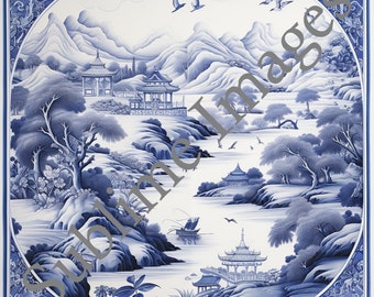 CT041 - Ceramic Tile Blue Scenery in the Art Nouveau Style - Various Sizes