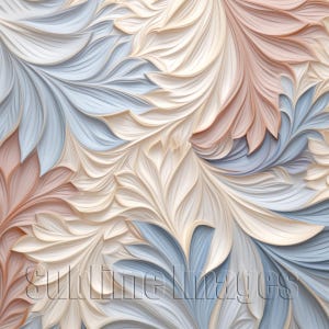 May include: A textured abstract pattern featuring layered, flowing leaf-like shapes in soft shades of cream, pale blue, and muted peach. The design creates a sense of depth with curved, overlapping forms. The text Sublime Images is visible.