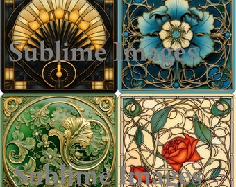 CO500 - Set of 4 coasters in the Art Nouveau Style - 3.75" x 3.75" with a cork bottom.