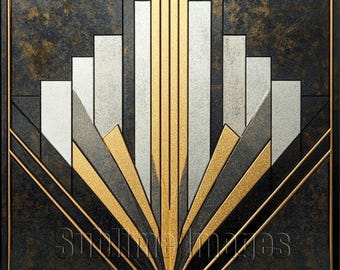 Art Deco Geometric Poster Art – Gold, Silver and Black Modern Wall Art on Premium Matte Paper - Sizes from 10"x10" to 28"x28"