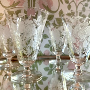 Morgantown American Beauty Rose Etched Water Glasses- Set of 4