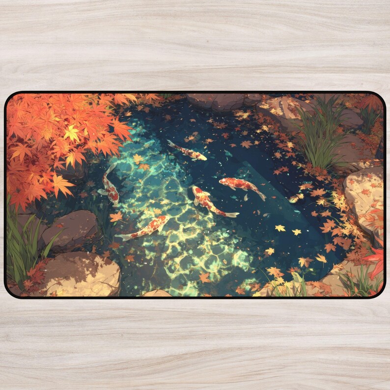 Tapete de escritorio con diseño de estanque Koi de baja fidelidad y hojas de arce otoñal, escena acuática apacible, arte de jardín japonés, naturaleza relajante, estética anime, decoración, regalo para gamers imagen 2