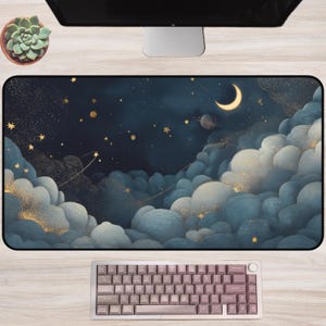 Celestial Night Sky Desk Mat | Crescent Moon and Stars Above Swirling Clouds, Cosmic Aesthetic Mouse Pad, Dreamy Galaxy Desk Decor