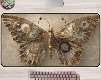 Steampunk Butterfly Desk Mat: Vintage Clockwork Mouse Pad, Brass Decor