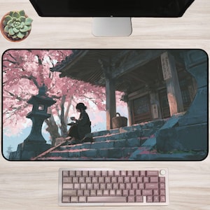 Anime Desk Mat | Tranquil Girl at Temple Steps with Cherry Blossoms, Lofi Japanese Scene Mouse Pad, Peaceful Sakura Aesthetic