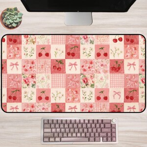 Cherry Patchwork Desk Mat: Pink Cottagecore Floral Pattern, Coquette Office Decor