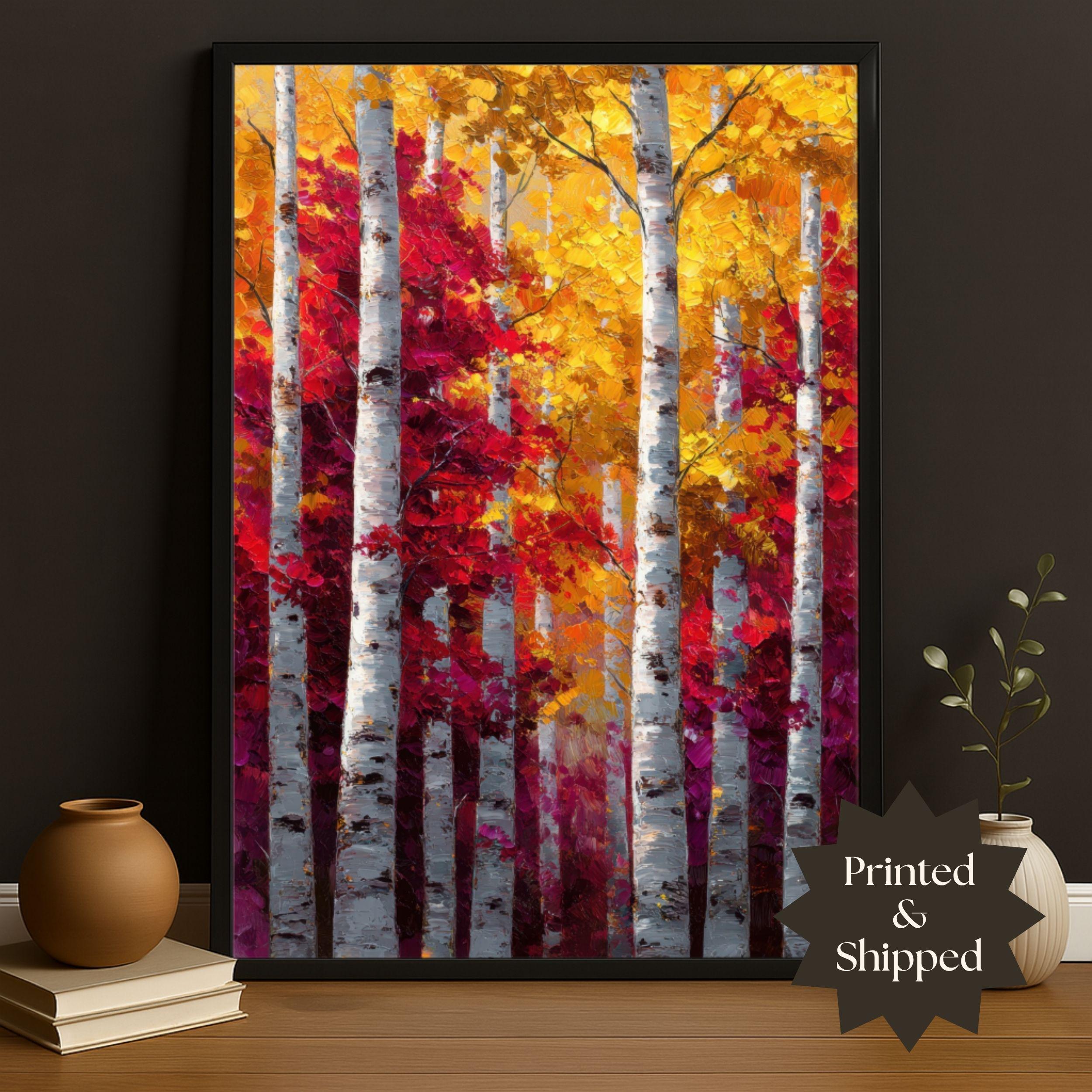 Vertical Birch Tree Autumn Forest Wall Art Poster Colorful Red and ...
