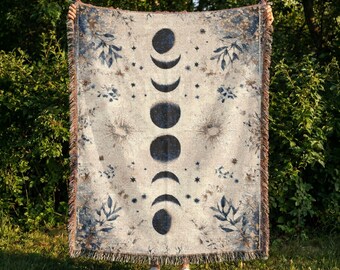 Moon Phase Woven Blanket: Celestial Botanical Throw, Neutral Mystic Wall Hanging Style, Boho Cottagecore Astrology Decor Gift
