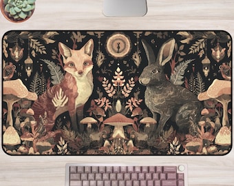 Dark Cottagecore Desk Mat with Fox and Rabbit Folklore Mushroom Forest Design Mystical Woodland Mouse Pad for Cozy Aesthetic Setups