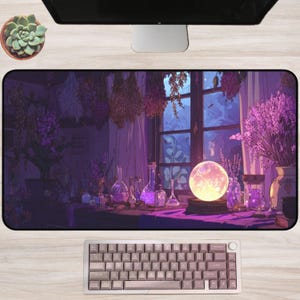 Moonlit Potions | Witchy Desk Mat Crystal Ball Apothecary Scene Gaming Mouse Pad Purple Cottagecore Witch Decor Desk Setup Large Office Pad