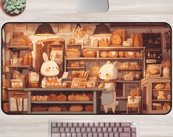 かわいいうさぎのベーカリーデスクマット：かわいいパン屋さん風ワークスペースデコレーション、居心地の良いコテージコア風アニマルオフィスアクセサリー