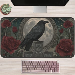 Raven Desk Mat, Gothic Crow Mouse Pad, Full Moon Rose Gaming Mat, Dark Fantasy Desk Cover, Witchy Celestial Office Decor, Occult Art