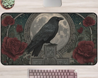 Raven Moon Desk Mat/Mouse Pad: Gothic Floral Crow Design, Dark Academia Office Decor, Celestial Gaming Desk Pad