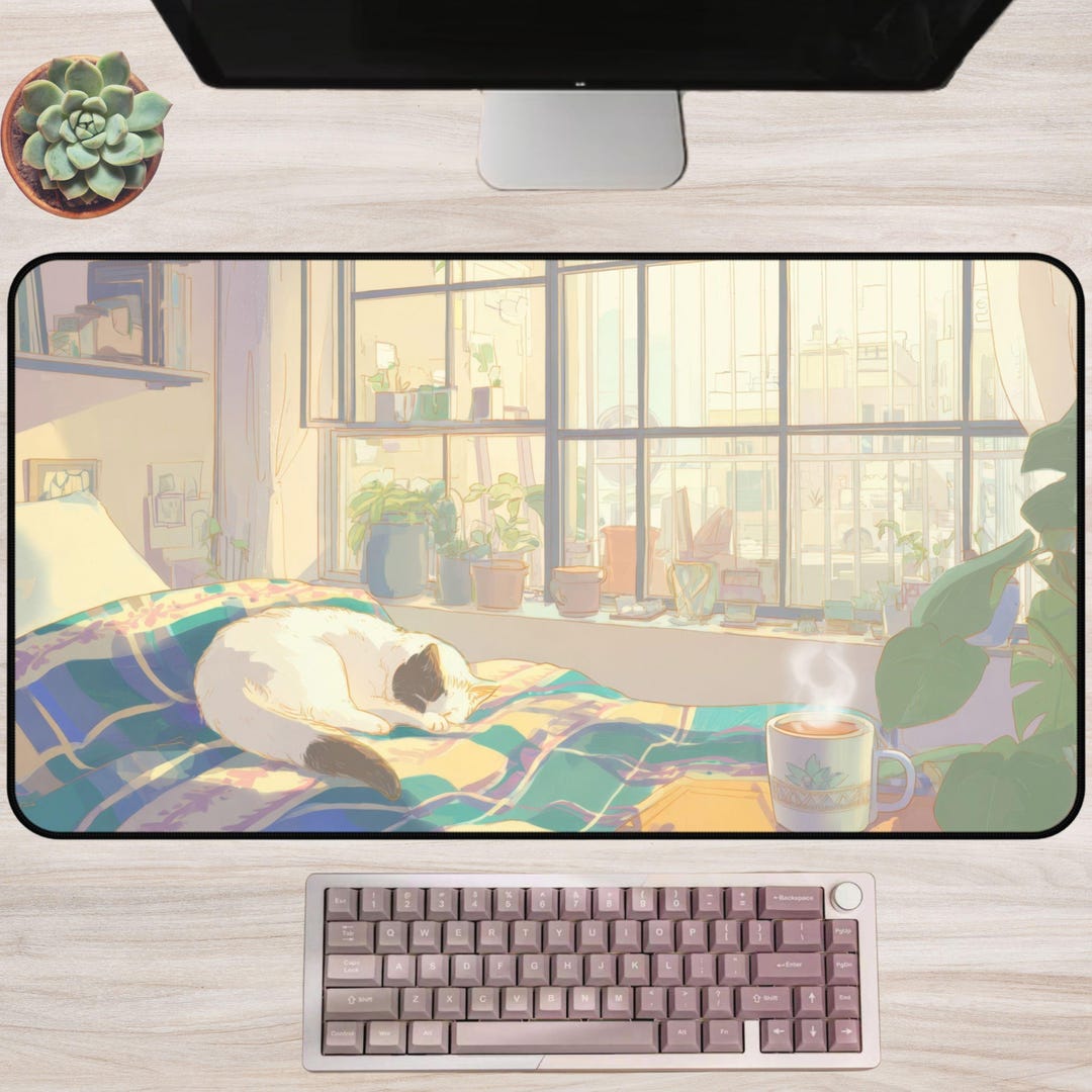 Lofi Cat Desk Mat | Aesthetic Anime Bedroom Mouse Pad With Sleeping Cat ...