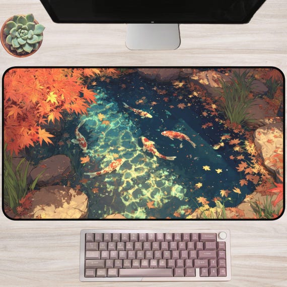 Lo Fi Koi Pond Desk Mat w Autumn Maple Leaves Peaceful Water Scene Japanese Garden Art Calming Nature Aesthetic Anime Style Decor Gamer Gift