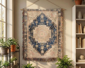Ornamental Rug Woven Blanket: Vintage Medallion Throw, Antique Inspired Textile Decor, Dark Academia Boho Home Accent Gift