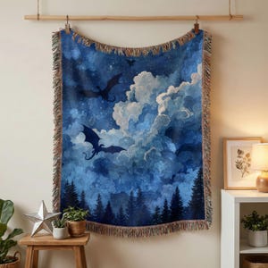 Midnight Dragons Woven Blanket: Celestial Fantasy Throw, Moonlit Gothic Decor image 5