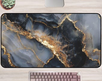 Black Onyx Desk Mat/Mouse Pad: Luxe Smoky Stone Texture, Gold Veined Marble Office Decor, Elegant Gemstone Inspired Workspace Art