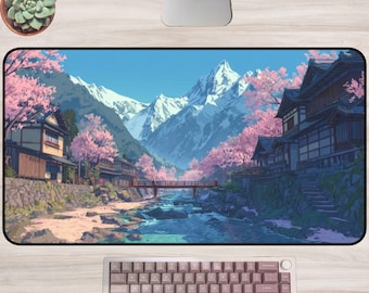 Anime Desk Mat | Serene Cherry Blossom Village Scene, Snowy Mountains & River, Japanese Style Gaming Mat for Aesthetic Workspaces
