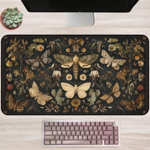 Herbarium Moths | Dark Cottagecore Desk Mat, Vintage Dried Flowers, Symmetrical Art, Botanical Insect Decor Gothic Nature Aesthetic Tapestry