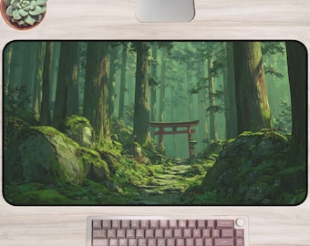 Tapete de escritorio con diseño de camino forestal japonés, puerta Torii, árboles cubiertos de musgo, escena de naturaleza verde, arte inspirado en Studio Ghibli, alfombrilla de ratón grande para juegos, decoración de escritorio