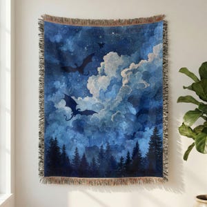 Midnight Dragons Woven Blanket: Celestial Fantasy Throw, Moonlit Gothic Decor image 1