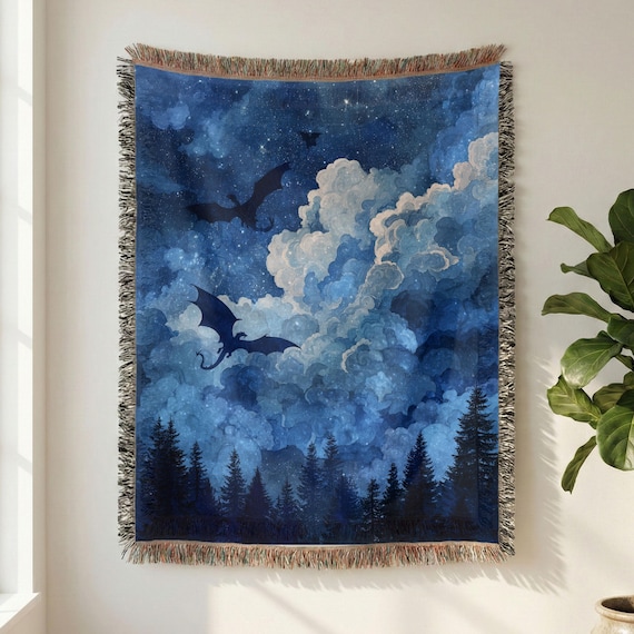 Midnight Dragons Woven Blanket: Celestial Fantasy Throw, Moonlit Gothic Decor