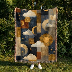 Celestial Patchwork Woven Blanket: Sun Moon Cloud Throw, Boho Night Sky Decor, Whimsical Astronomy Blanket, Dreamy Room Accent