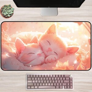 Sleeping Kawaii Cat Desk Mat | Cozy Chibi Kitten Mouse Pad, Soft Pastel Aesthetic Desk Decor for Cat Lovers, Gaming Desk Mat, Gift for Girls